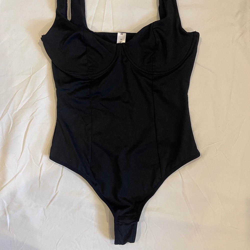 Black Thong Bodysuit - Medium - Nylon and Spandex - Underwire, Snap thong bottom